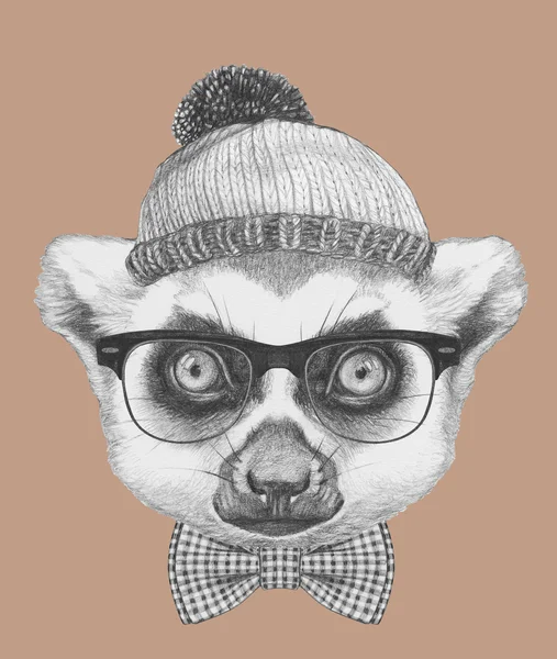 Retrato de Lemur con gafas, sombrero y pajarita . — Foto de Stock