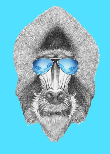 Retrato de Mandrill con gafas de sol espejo — Foto de Stock