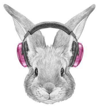 Tavşan portresi kulaklıklar ile.