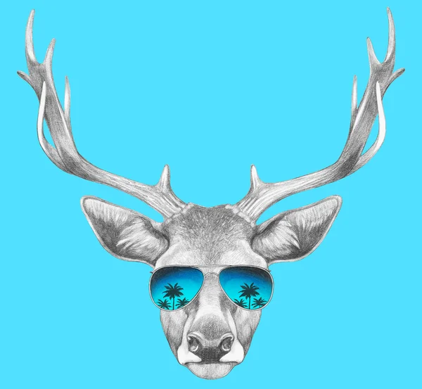 미러 선글라스와 사슴의 초상화. — 스톡 사진
