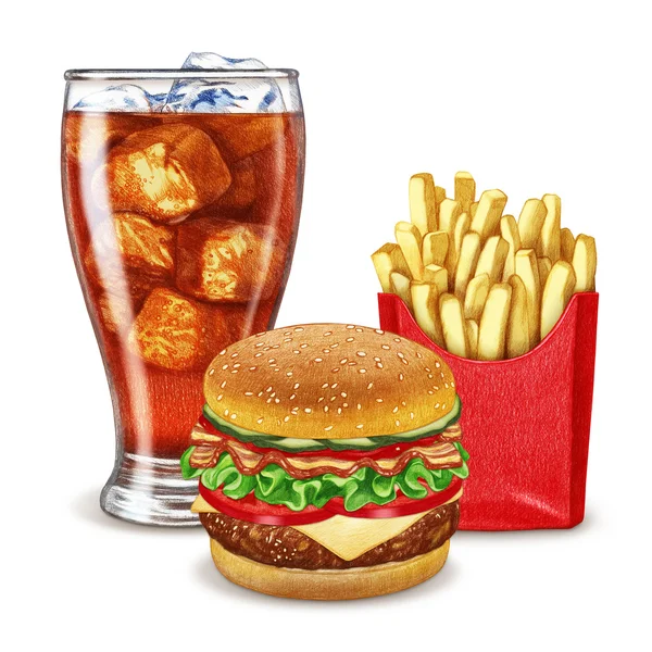 Bevande analcoliche, cheeseburger e patatine fritte . — Foto Stock