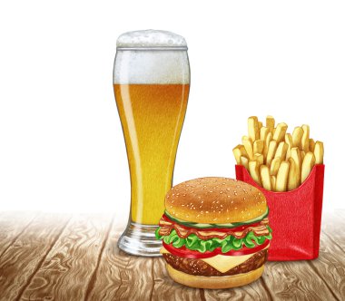 Bira cam, çizburger ve patates kızartması. 