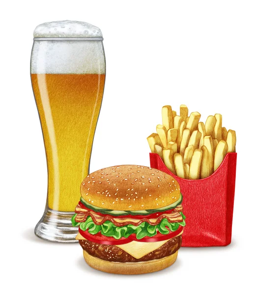 Bicchiere di birra, cheeseburger e patatine fritte . — Foto Stock
