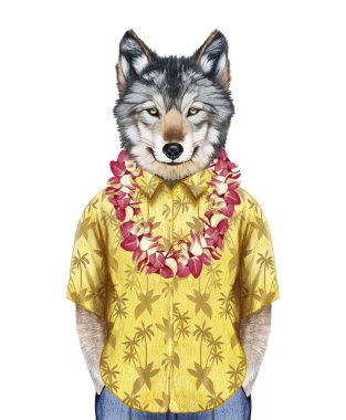 Hawaiian Lei ile yaz gömlek Wolf.