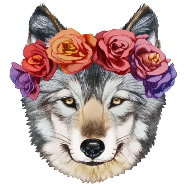 Porträt des Wolfes mit Blumenkranz — Stockfoto