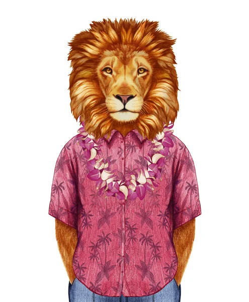 Leeuw in zomer shirt met Hawaiian Lei. — Stockfoto