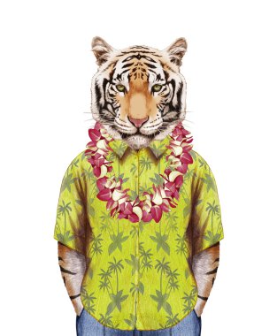 Kaplan Hawaiian Lei ile yaz gömlekli.