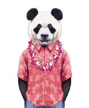 Panda Hawaiian Lei ile yaz gömlekli.