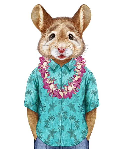 Muis in zomer shirt met Hawaiian Lei. — Stockfoto