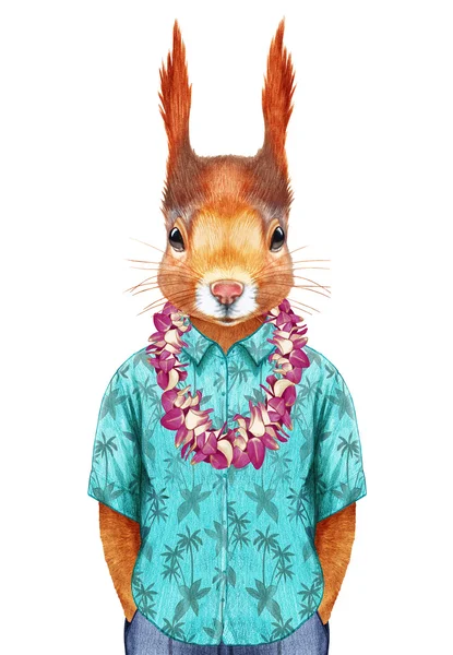 Eekhoorn in zomer shirt met Hawaiian Lei. — Stockfoto