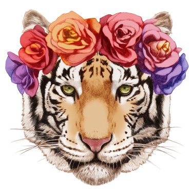 Tiger portresi çiçek baş çelenk ile