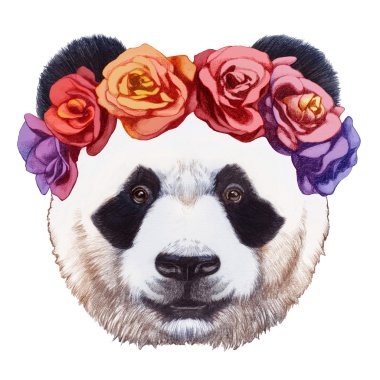 Panda portresi çiçek baş çelenk ile