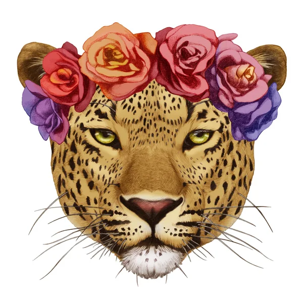 Portret van Leopard met florale hoofd krans — Stockfoto