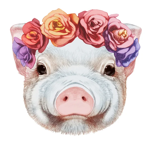 Piggy med blommor huvudet krans. — Stockfoto