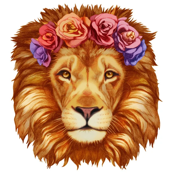 Lion with floral head wreath. Stock Image