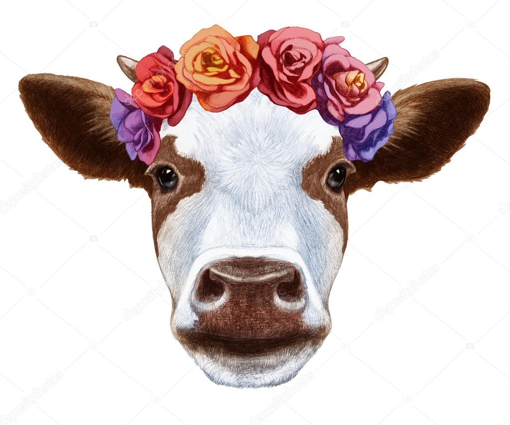 Porträt einer Kuh mit Blumenkranz Stockfotografie lizenzfreie Fotos