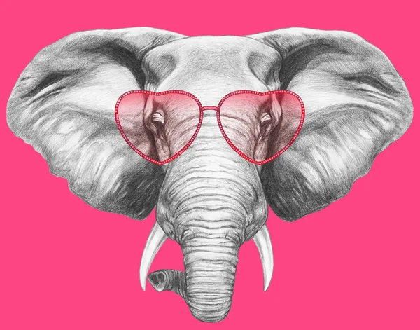 Elephant with heart shaped sunglasses — Stock Photo, Image