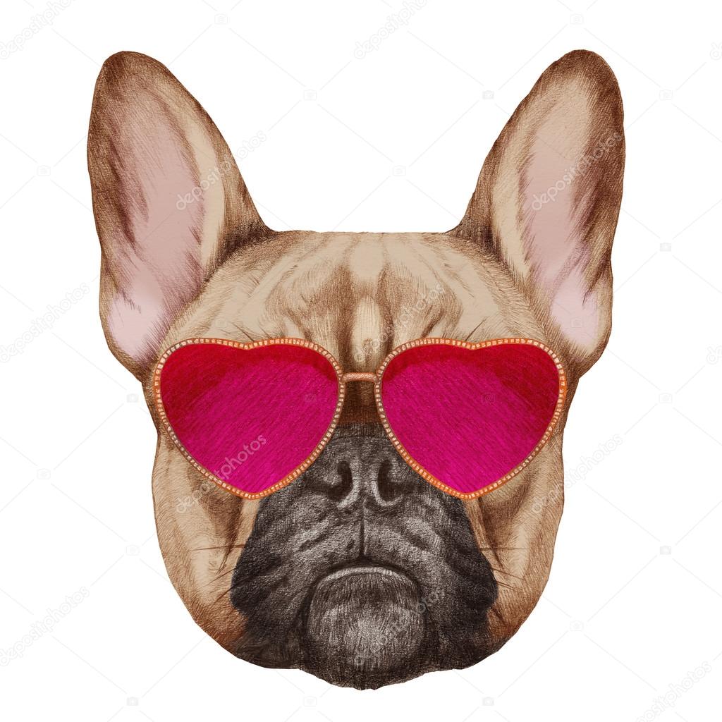 Bulldog francese in amore Ritratto del Bulldog francese con il cuore a forma di occhiali da sole Illustrazione digitalmente colorato — Foto di