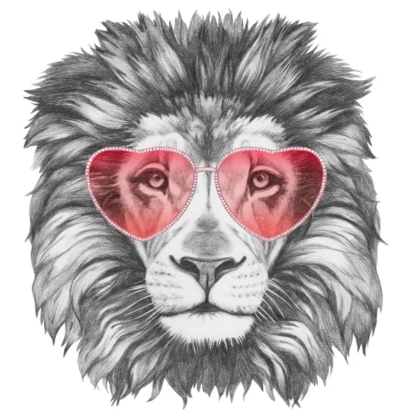 Lion with heart shaped sunglasses — Stock Photo, Image