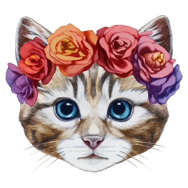 Kedi portre çiçek baş çelenk ile