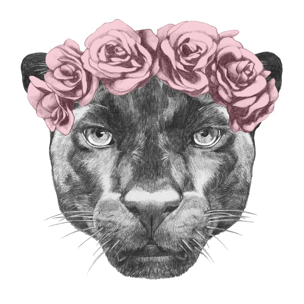 Porträtt av Panther med blommor huvudet krans. — Stockfoto