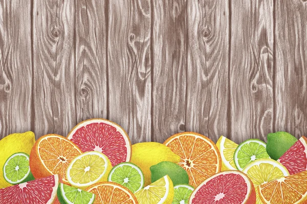 Slices of citrus fruits on wooden background — Stock Photo, Image