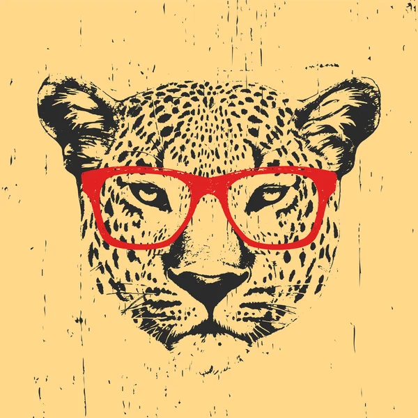 Druckzeichnung eines Leoparden mit Brille. — Stockvektor