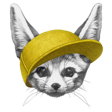 Şapkalı Fennec Fox 'un portresi. El çizimi illüstrasyon