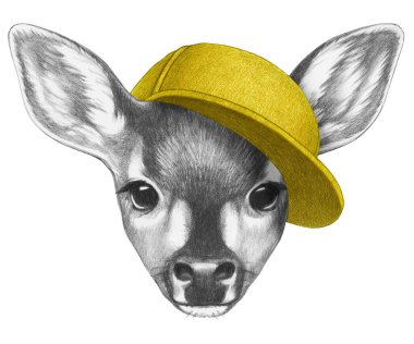 Fawn 'ın şapkalı portresi. El çizimi illüstrasyon