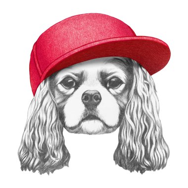 Şövalye Kral Charles Spaniel 'in şapkalı portresi. El çizimi illüstrasyon.