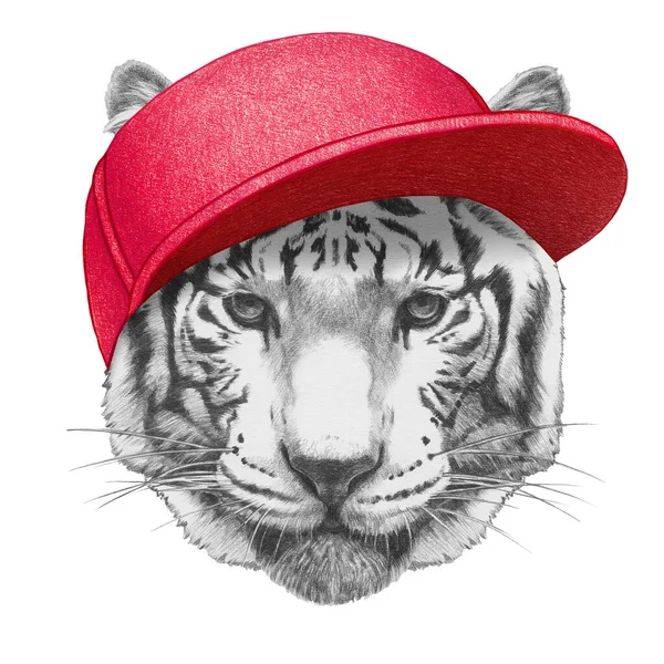 Porträtt Tiger Med Mössa Handritad Illustration — Stockfoto