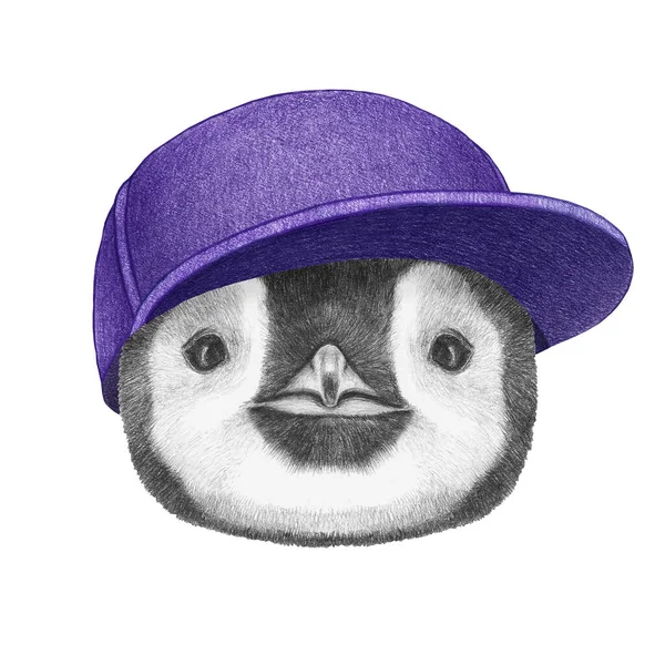 Portret Pingwina Czapce Ilustracja Ręcznie Rysowana — Zdjęcie stockowe