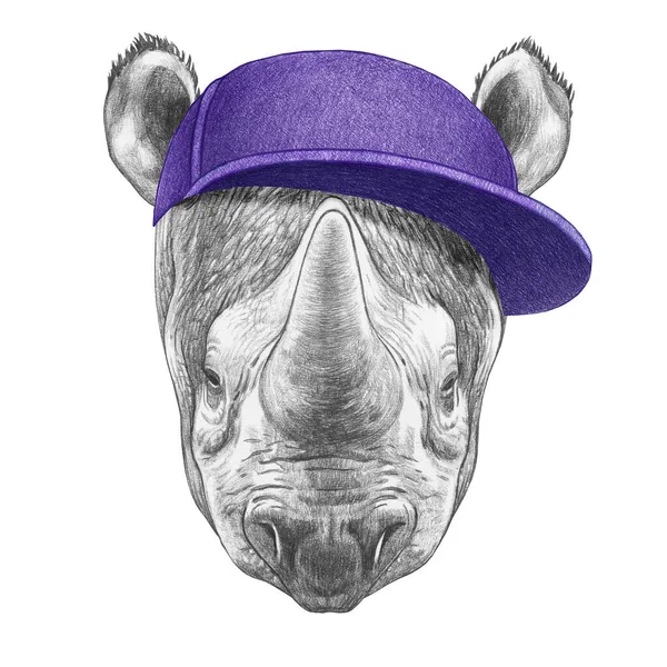 Portrait Rhinocéros Avec Une Casquette Illustration Dessinée Main — Photo