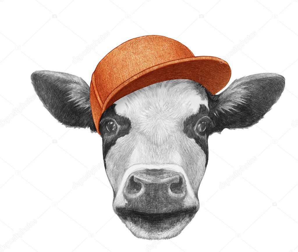 Portrait of Cow with a cap. Hand-drawn illustration.