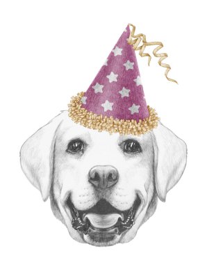Labrador Retriever 'ın festival şapkalı portresi. El çizimi illüstrasyon