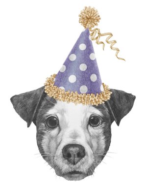 Jack Russell 'ın şenlik şapkalı portresi. El çizimi illüstrasyon
