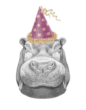 Şapkalı bir Hippopotamus portresi. El çizimi illüstrasyon