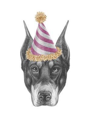 Şapkalı Doberman Pincher 'ın portresi. El çizimi illüstrasyon