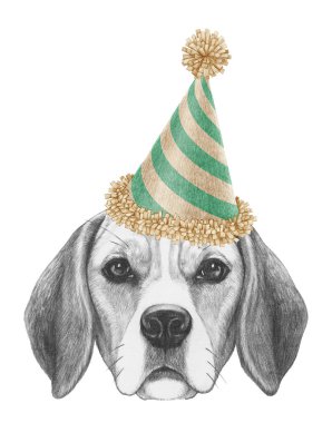 Şenlik şapkalı bir Beagle portresi. El çizimi illüstrasyon