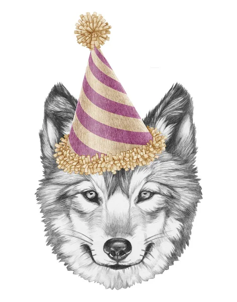 Porträt Wolf Mit Festlichem Hut Handgezeichnete Illustrationv — Stockfoto