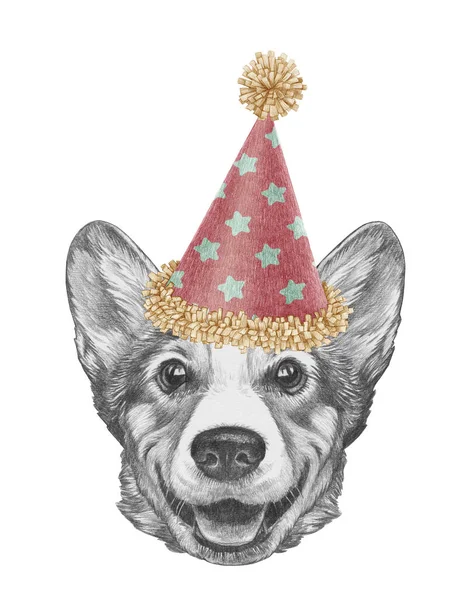 Pembroke Welsh Corgi 'nin festival şapkalı portresi. El çizimi illüstrasyon