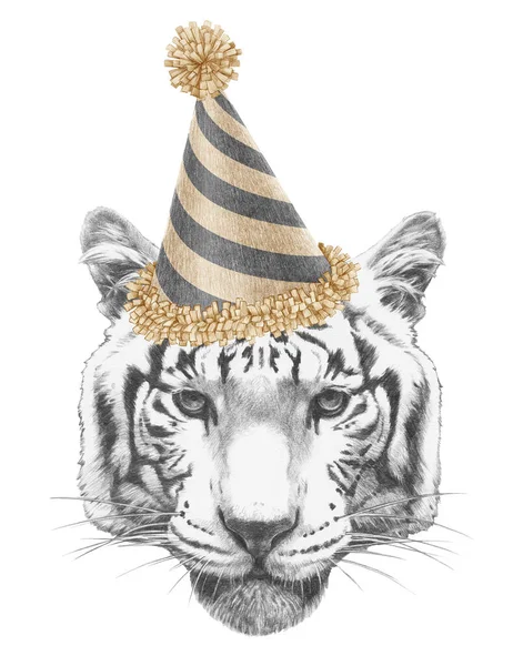 Ritratto Tigre Con Cappello Festivo Illustrazione Disegnata Mano — Foto Stock