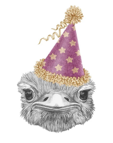 Portrait Ostrich Festive Hat Hand Drawn Illustration — Stock Photo, Image