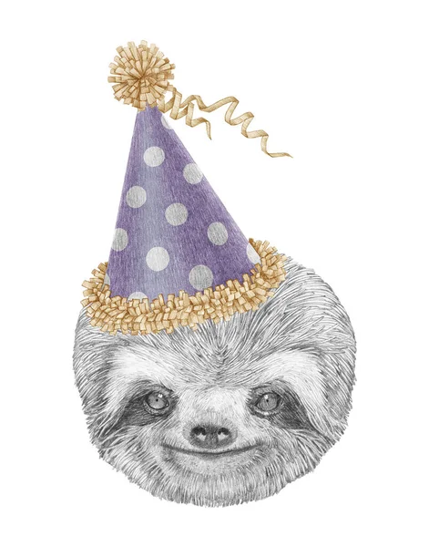 Portret Van Sloth Met Een Feestelijke Hoed Handgetekende Illustratie — Stockfoto