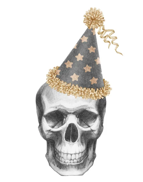 お祝いの帽子の頭蓋骨 手描きイラスト — ストック写真