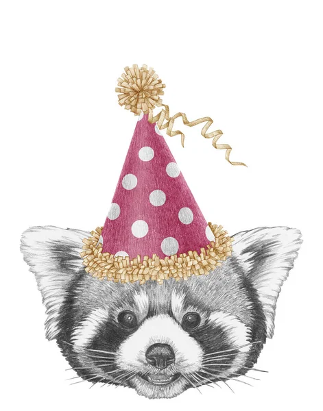 Porträt Des Roten Pandas Mit Festlichem Hut Handgezeichnete Illustration — Stockfoto