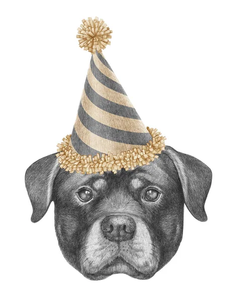 Retrato Rottweiler Sombrero Festivo Ilustración Dibujada Mano —  Fotos de Stock