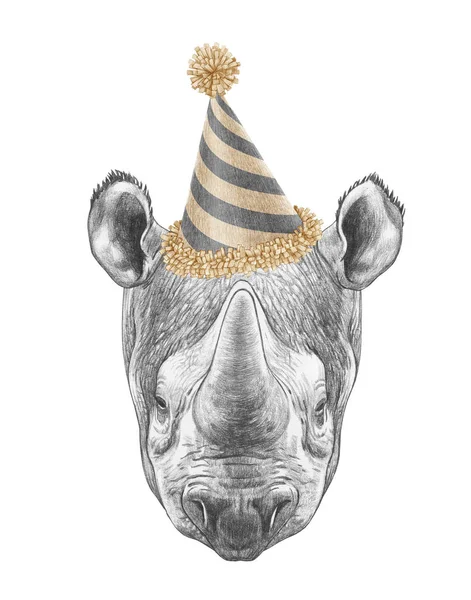 Porträt Eines Nashorns Mit Festlichem Hut Handgezeichnete Illustration — Stockfoto