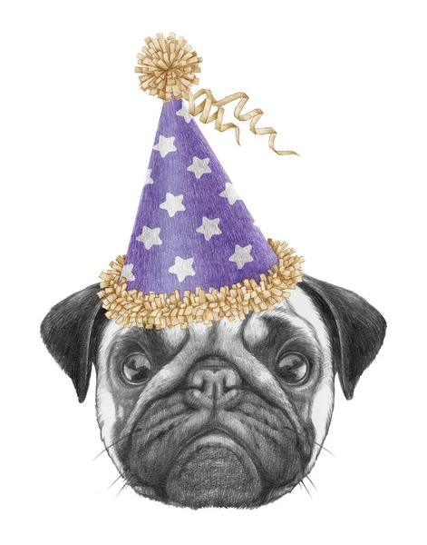 Pug Dog 'un festival şapkalı portresi. El çizimi illüstrasyon