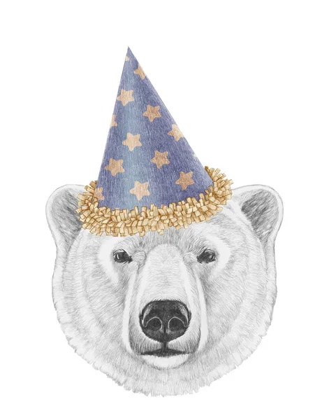 Retrato Oso Polar Sombrero Festivo Ilustración Dibujada Mano —  Fotos de Stock